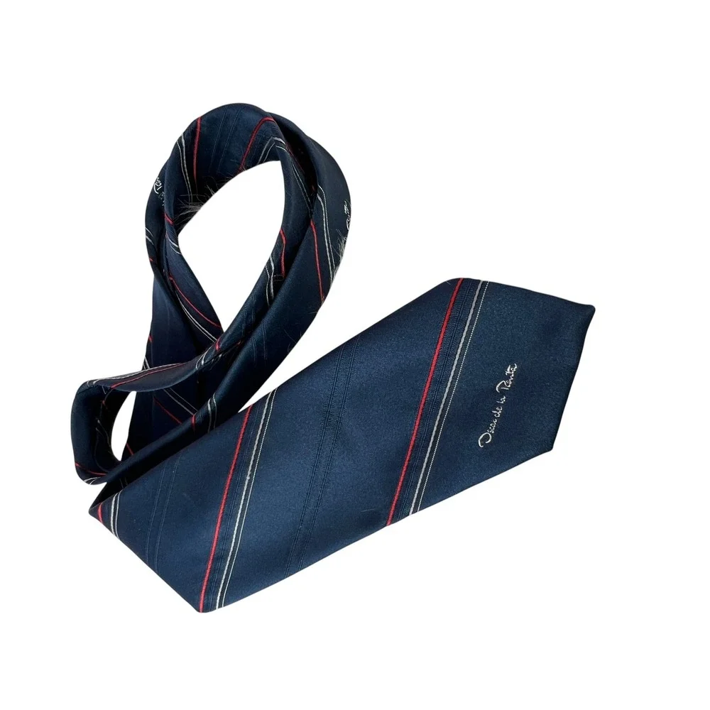 Vtg Oscar de la Renta 80s Silk Necktie Preppy Navy Blue‎ Striped Luxury Designer